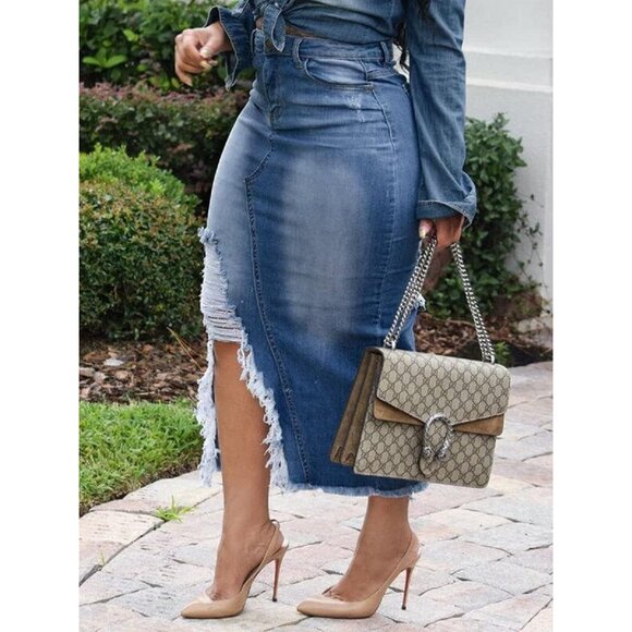 Women's Stretch Denim Midi Skirt High Waisted Button Frayed Pockets Casual - Picture 3 of 6